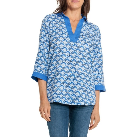 Sigrid Olsen 100% Linen Collared Blue White popover Floral Top Tunic size Large - Picture 1 of 7